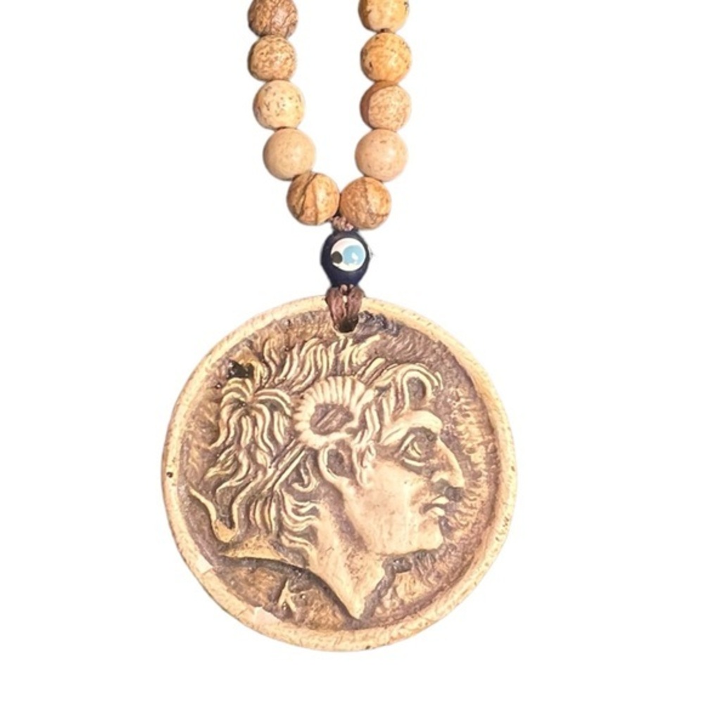 Alexander the Great hand carved wood necklace